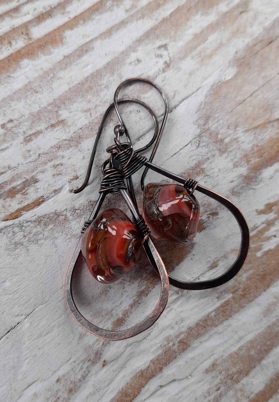 Copper earrings with coral lampwork glass beads 