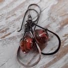 Copper earrings with coral lampwork glass beads 
