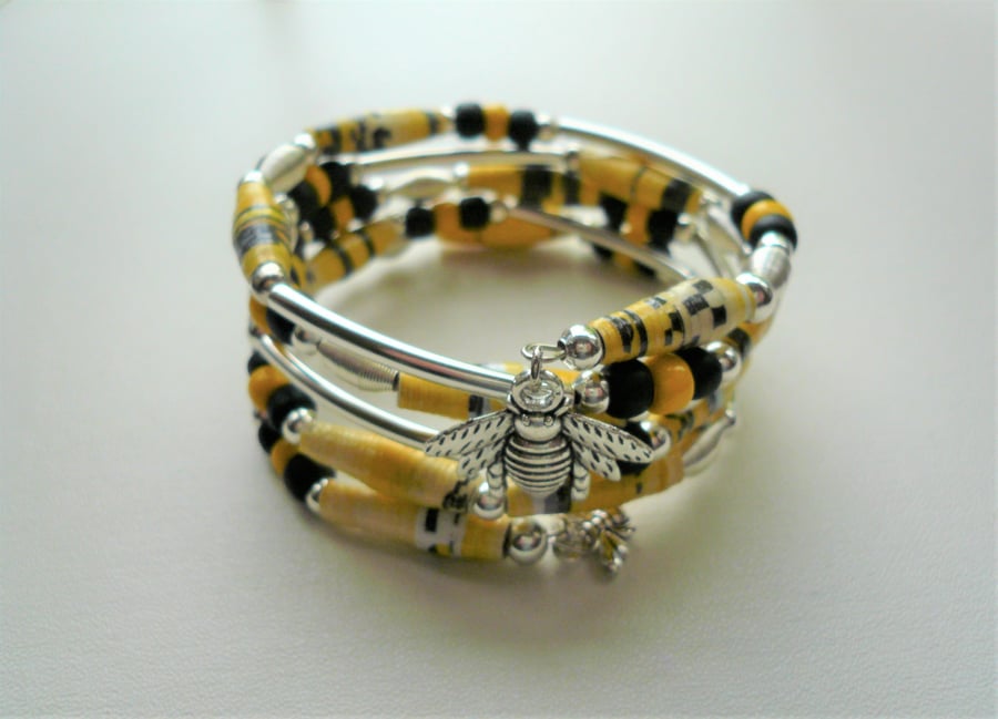 Custom Listing for Becky Honey Bee Beaded Memory Wire Wrap Around Bracelet  