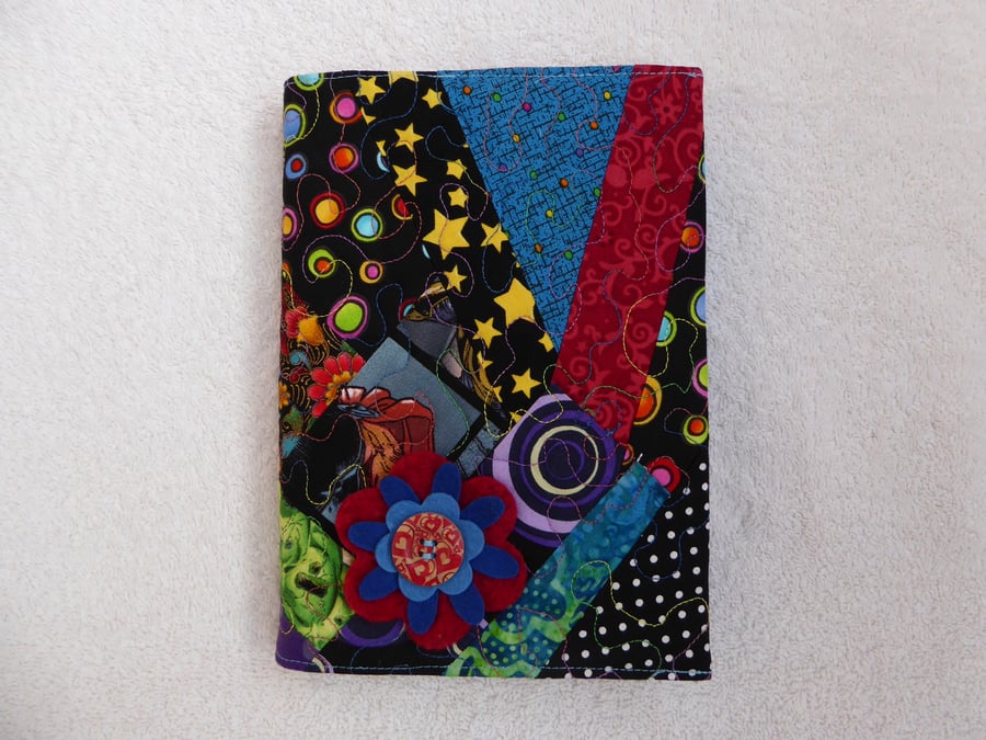 Quilted Patchwork A5 Bookcover with Felt Flower Embellishment. Lined Notebook. 