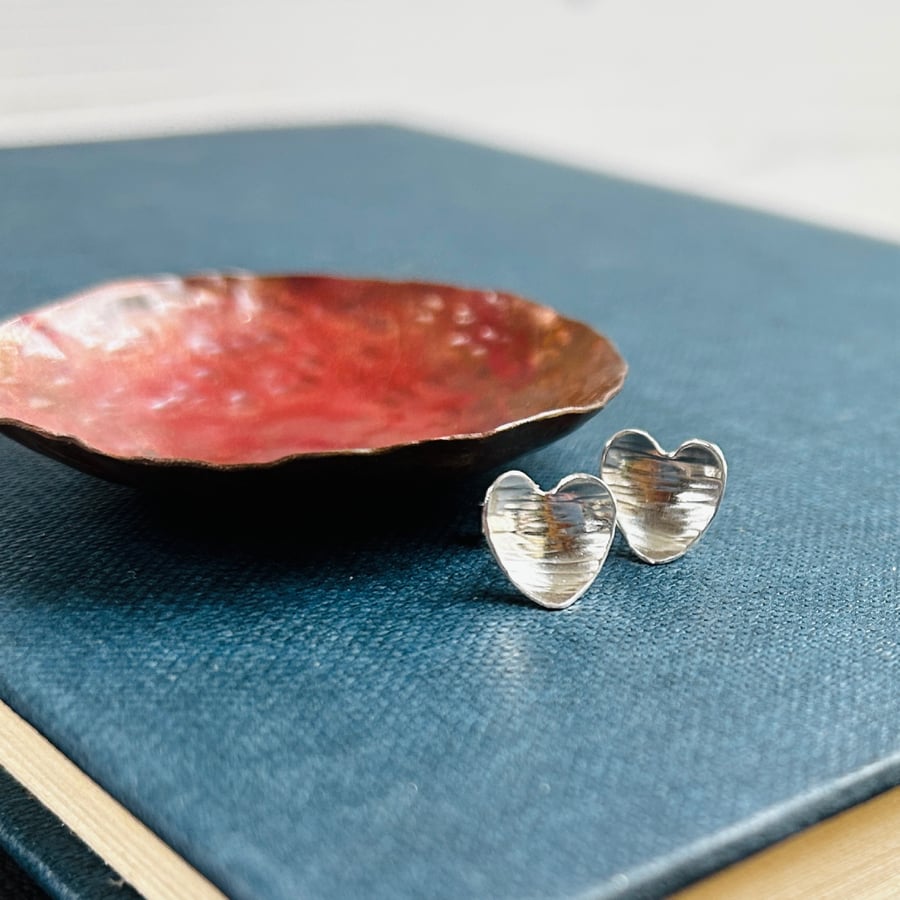 Love heart studs textured silver earrings