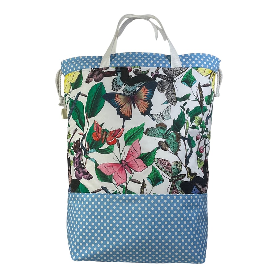 XXL drawstring knitting bag with butterfly and moth print, supersized multi pock