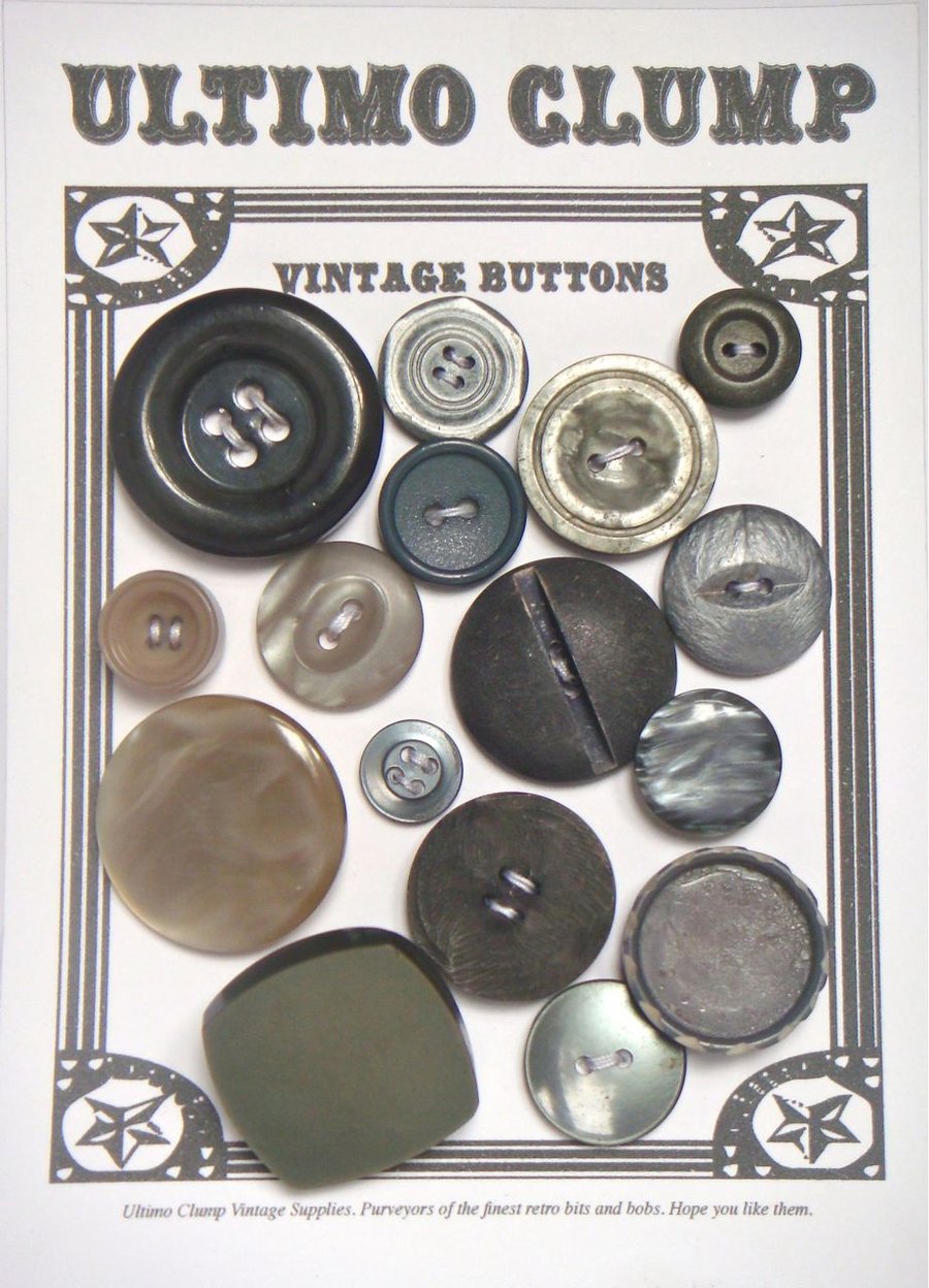 16 Grey Vintage Buttons
