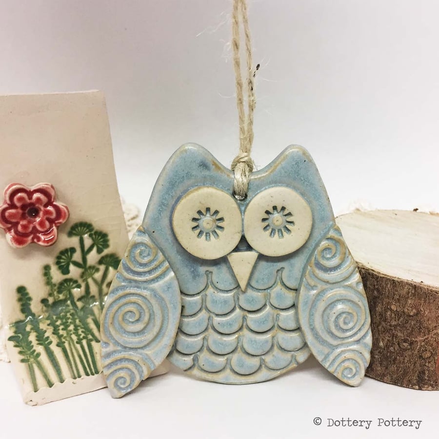 Ceramic owl hanging decoration Pottery owl ceramic bird blue