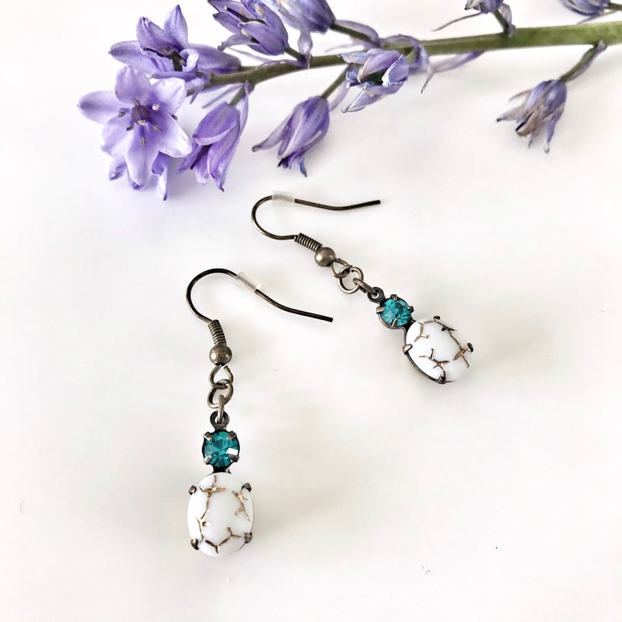 White vintage stone and blue zircon earrings 