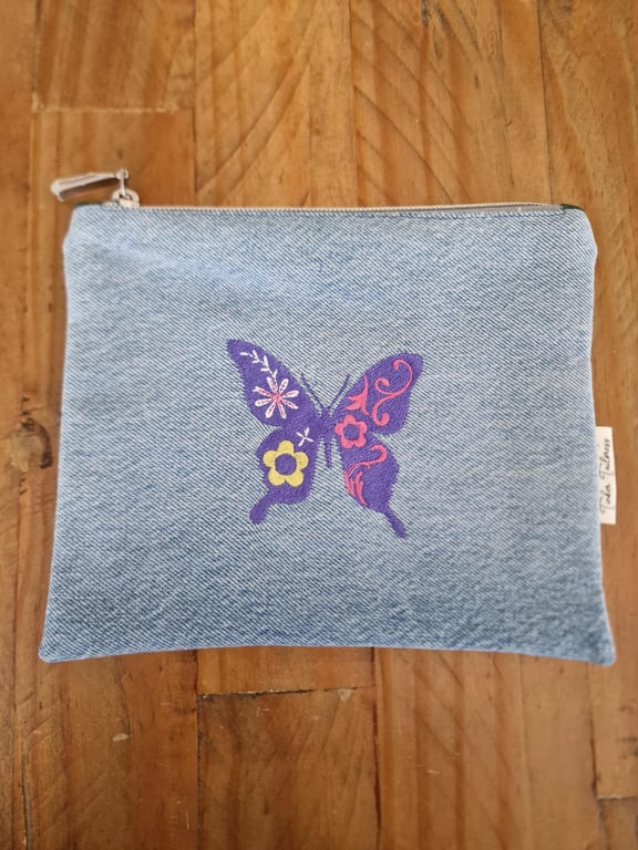 Handmade Upcycled Denim Purse - Purple Butterfly