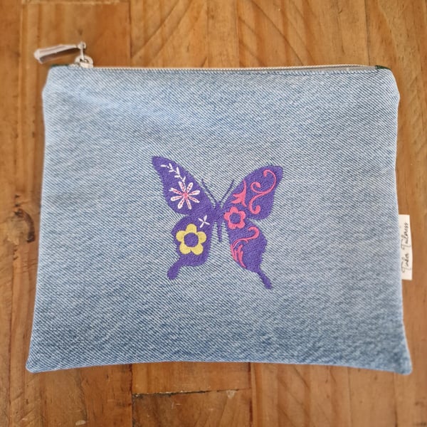 Handmade Upcycled Denim Purse - Purple Butterfly
