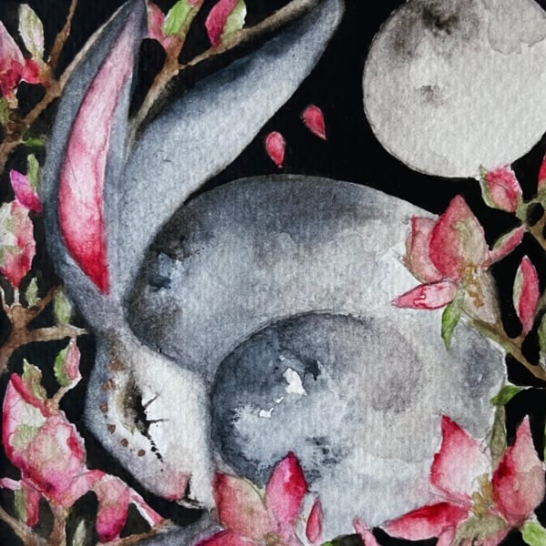 Original Resting Hare Rabbit with Pink Flowers under the Moon Watercolour 