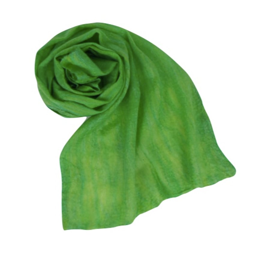 Gift boxed nuno felted scarf merino wool on silk, green