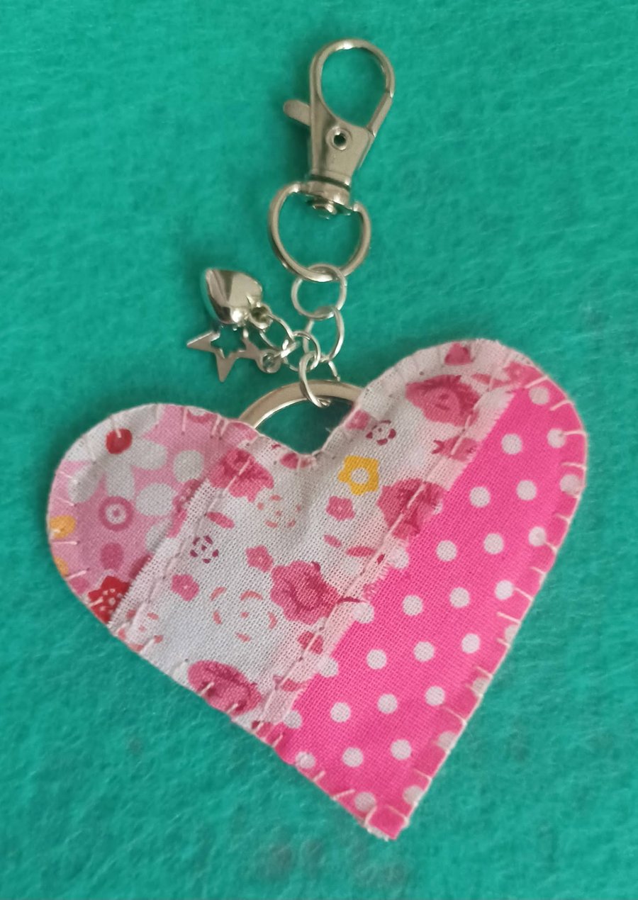 Handmade Fabric Patchwork Heart Keyring Bag Charm Pink