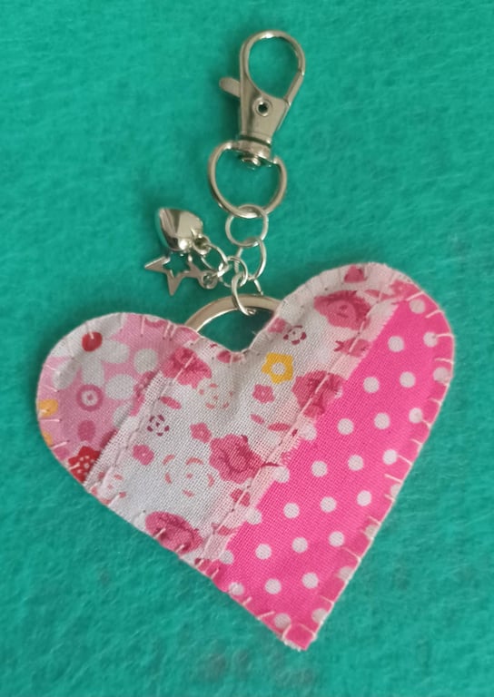 Handmade Fabric Patchwork Heart Keyring Bag Charm Pink