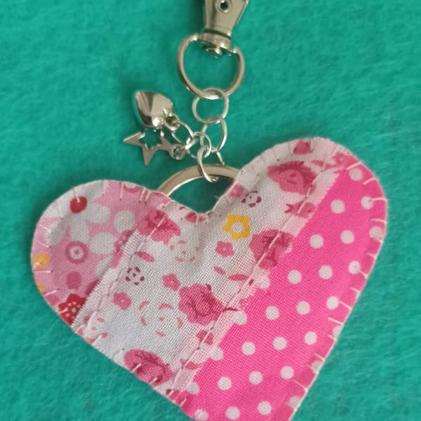 Handmade Fabric Patchwork Heart Keyring Bag Charm Pink