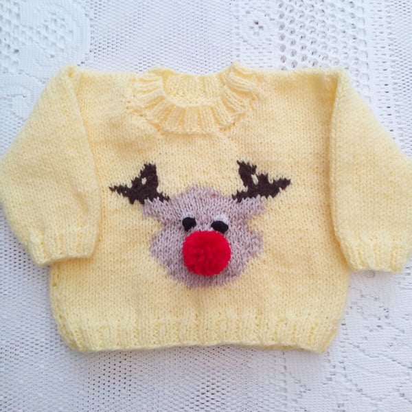 Hand Knitted Rudolf the Reindeer Novely Christmas Jumper for Babies and Children