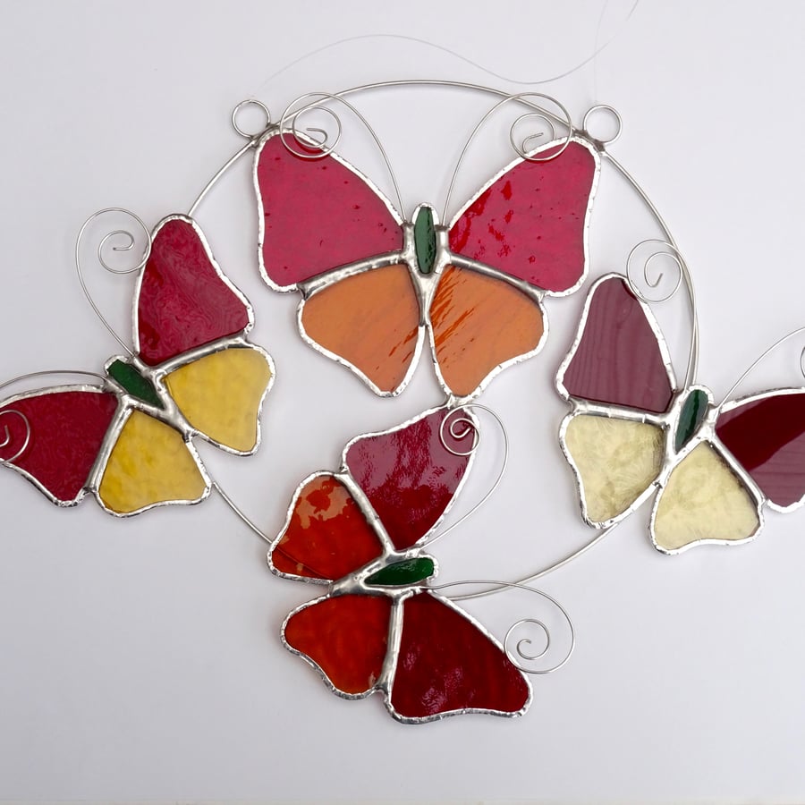 Stained Glass Butterfly Ring - Handmade Hanging Decoration Red and Amber