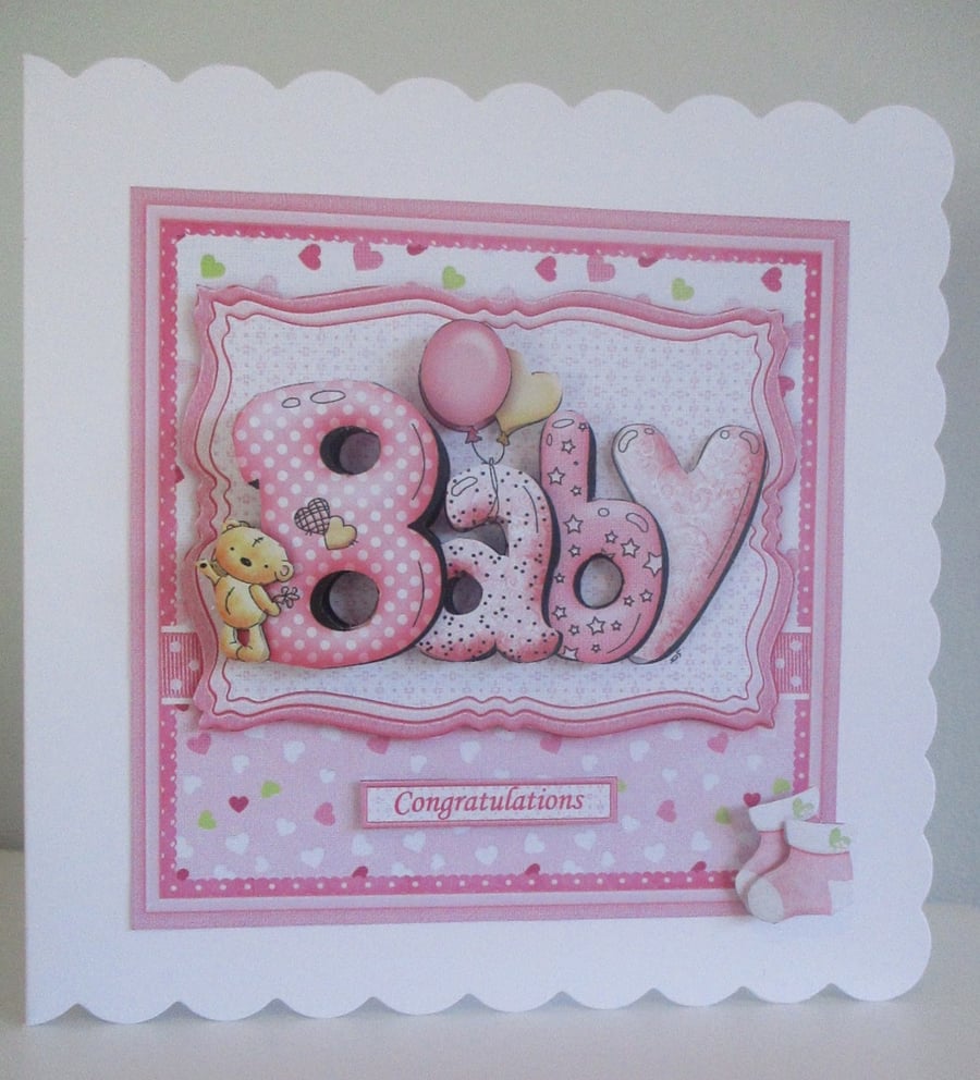 Handmade Decoupage,3D Baby Girl Greetings Card, Personalise,