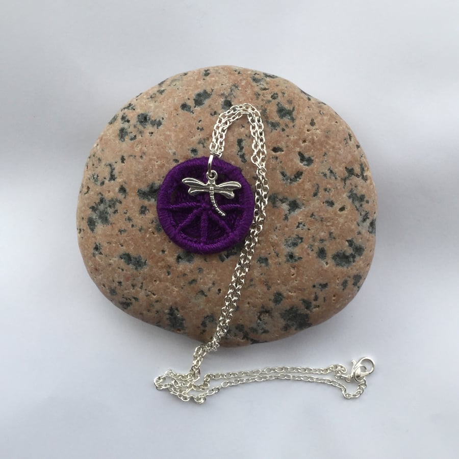 Dorset Button Pendant in Purple with Dragonfly Charm