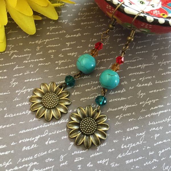 Sunflower turquoise beaded earrings.