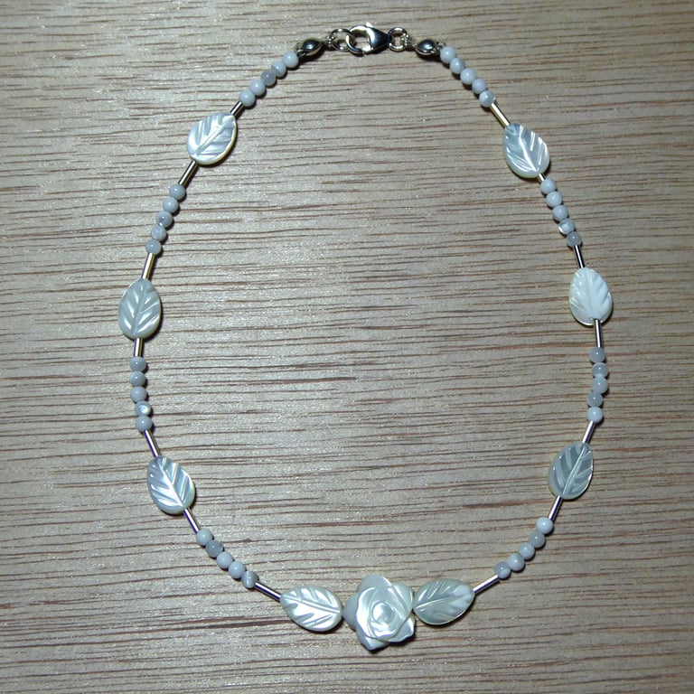  Sterling Silver & Mother of Pearl Leaves & Rose Anklet