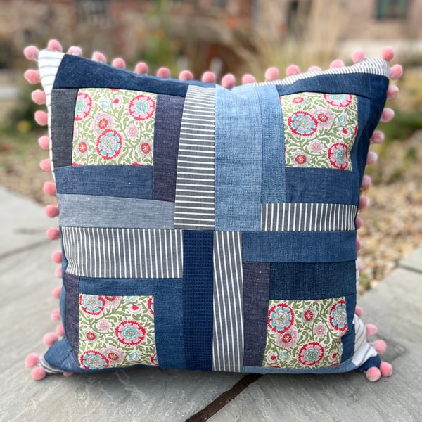 Denim floral and stripe patchwork cushion cover with pompoms