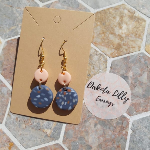 Peach and Grey double drop hook earrings, handmade polymer clay