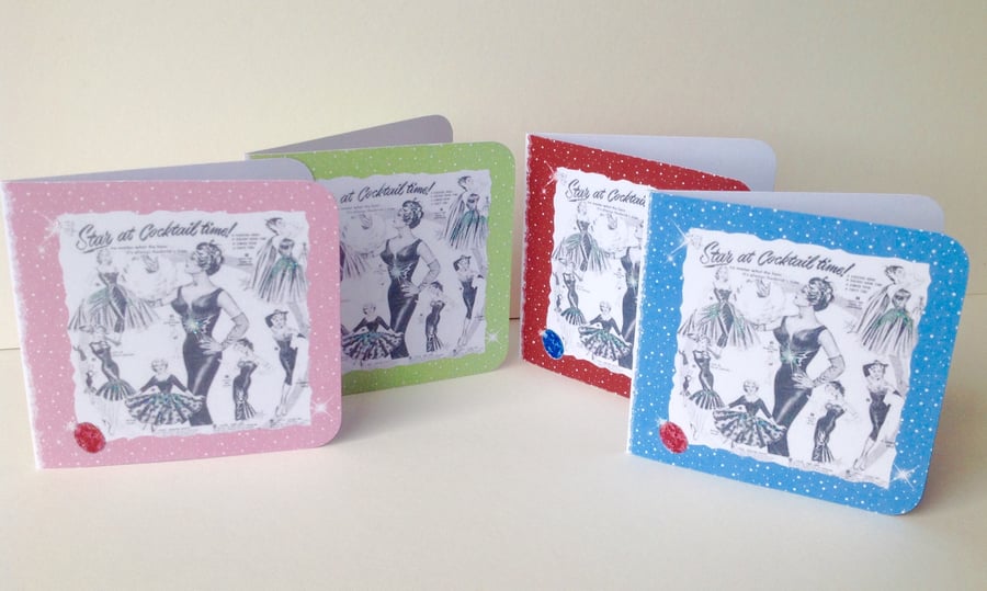 Handmade Notecards Set of Four,'1950s Fashion'Theme.