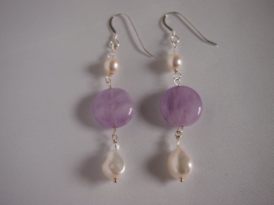 Lavender amethyst and pearl drop earrings