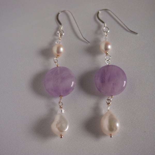 Lavender amethyst and pearl drop earrings