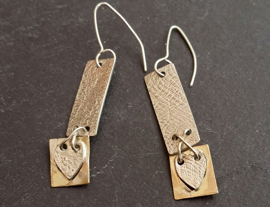 9ct Gold and Silver Double Heart Drop Earrings with Silver Wire Cross