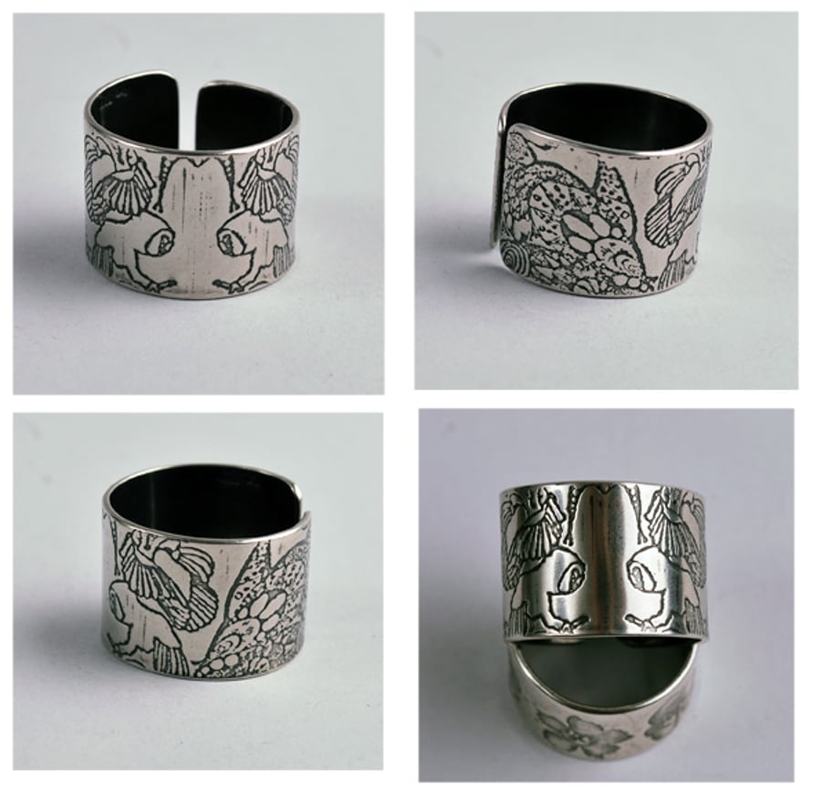 Adjustable Etched Sterling Silver Owl Ring