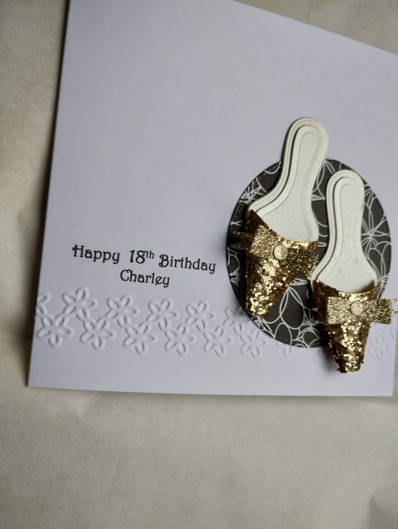 Personalised 18th Birthday Card - Golden Glitter Shoes - MADE TO ORDER 