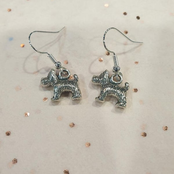 hypoallergenic silver plated, silver earrings with cast scotty dog charm