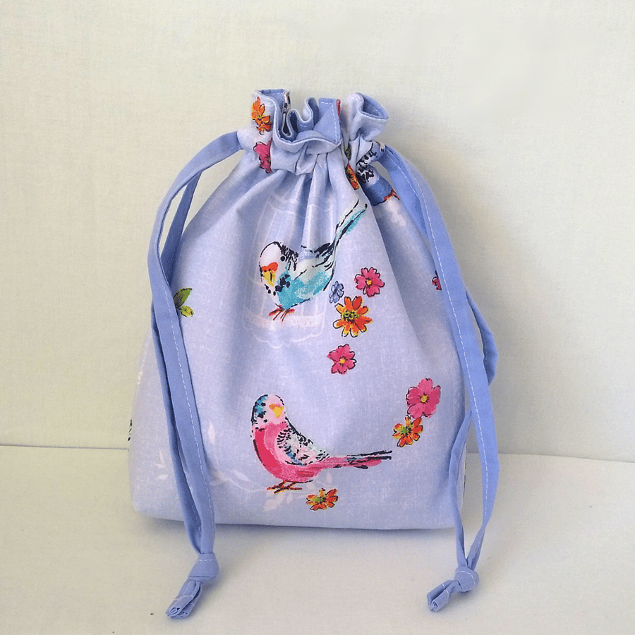 Budgies Drawstring bag, vintage style, fabric storage, POSTAGE INCLUDED