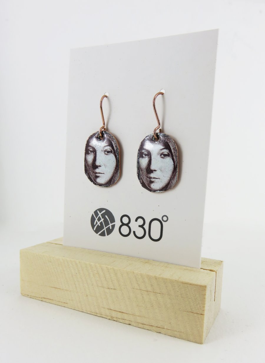 Enamel on Copper Unique Dangle Earrings with illustrated lady’s face.