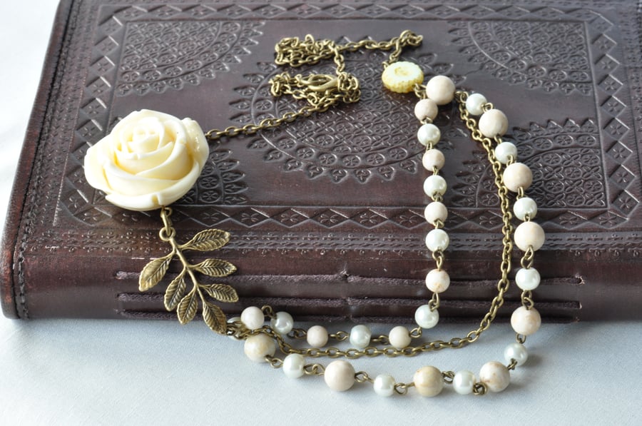 Cream Lucite Flower, Sunflower, Creamstone & Pearl Glass Necklace