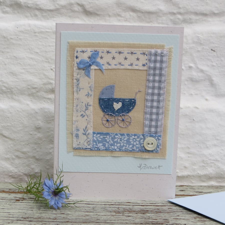 Little pram embroidery on card to welcome a precious new baby boy