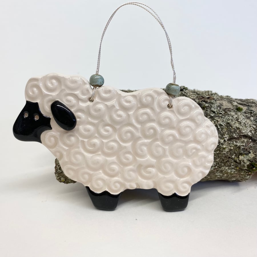 Ceramic sheep hanging decoration black and white