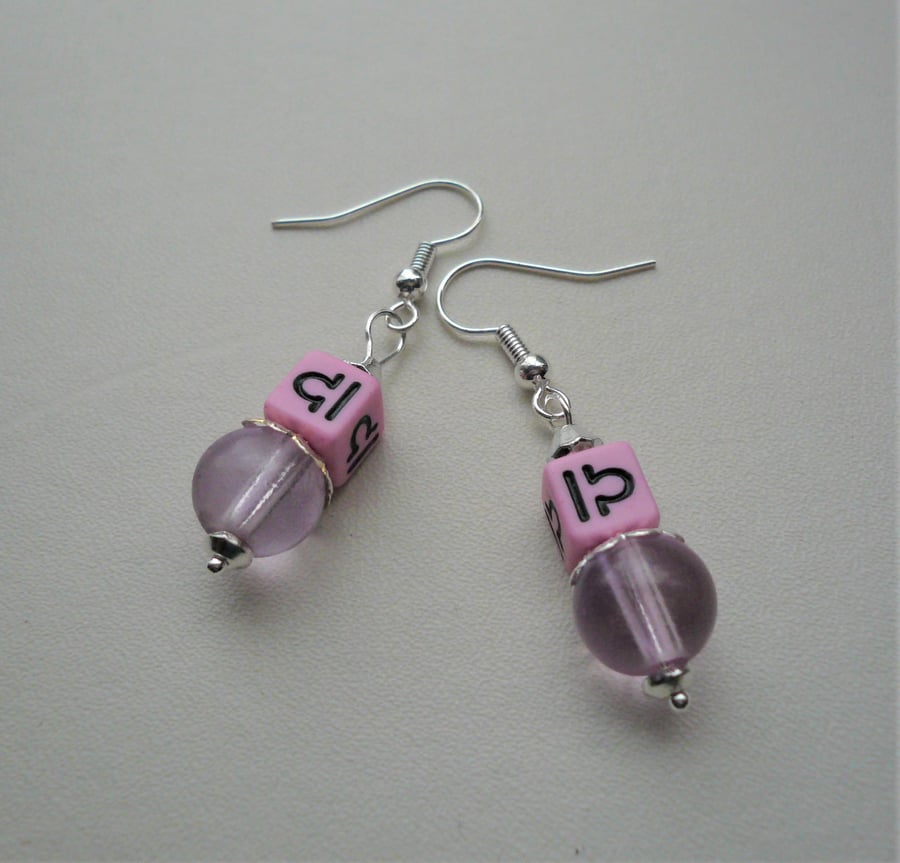 Pink LIBRA  Zodiac Sign Dangle Glass Acrylic Cube Bead Earrings   KCJ3973