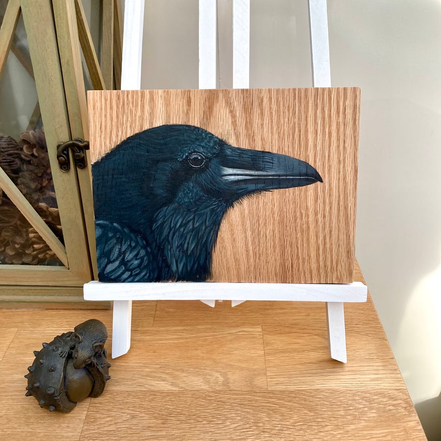 Raven acrylic painting on oak 