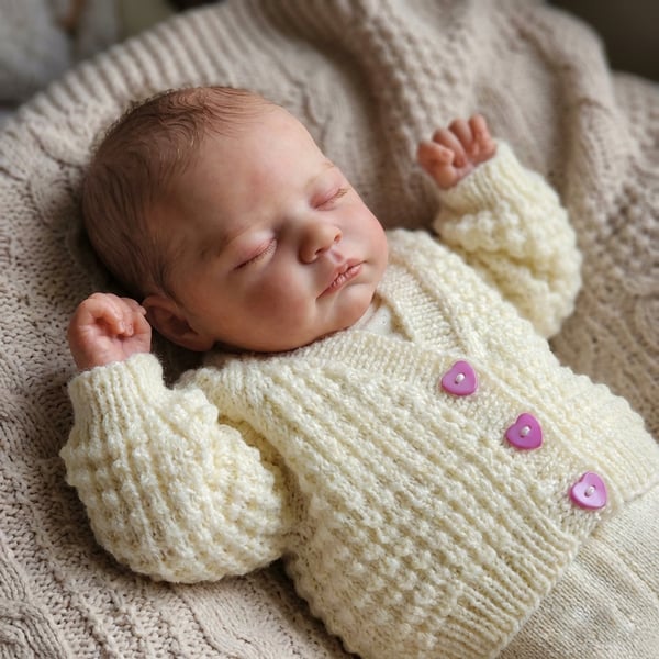 Hand Knitted Cream Baby Cardigan with Heart Buttons 0–3 Months
