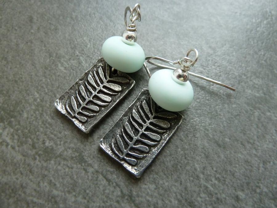 sterling silver, pale green lampwork glass and pewter earrings