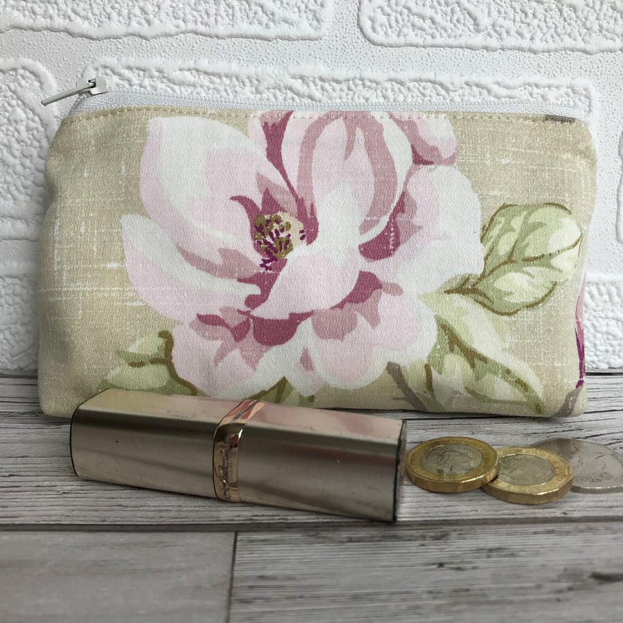Large purse, coin purse in pale green with pink Magnolia floral print
