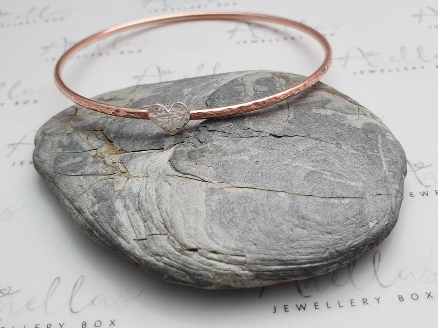 Copper Heart Charm Bangle, Textured Copper Bracelet With A Sterling Silver Heart