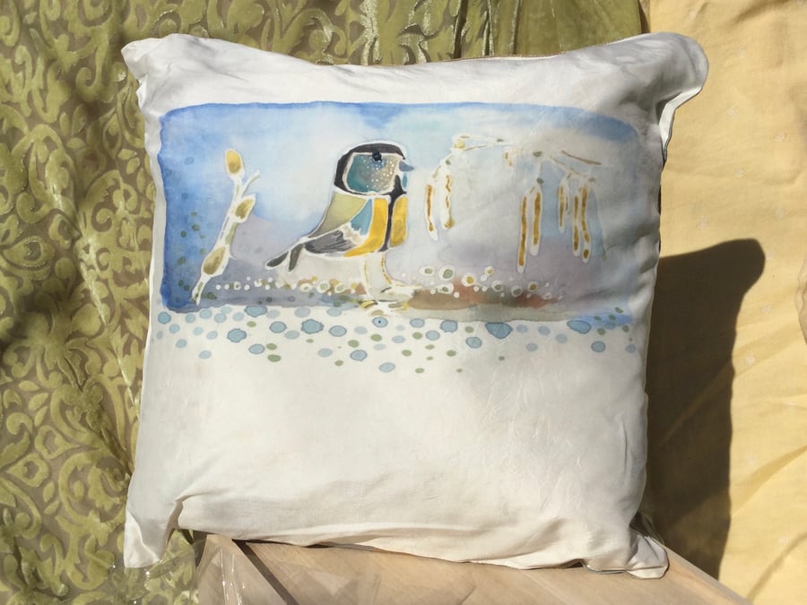  Handmade Silk cushion with original hand painted design of birds.Feather pad .