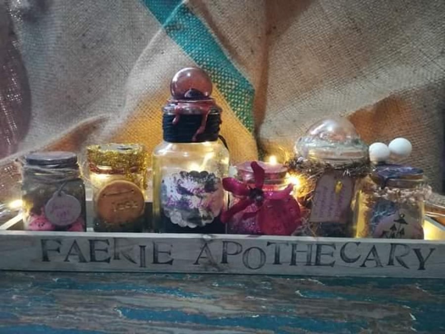 A unique one of a kind potion bottle Faerie Apothecary set, magical, goblin