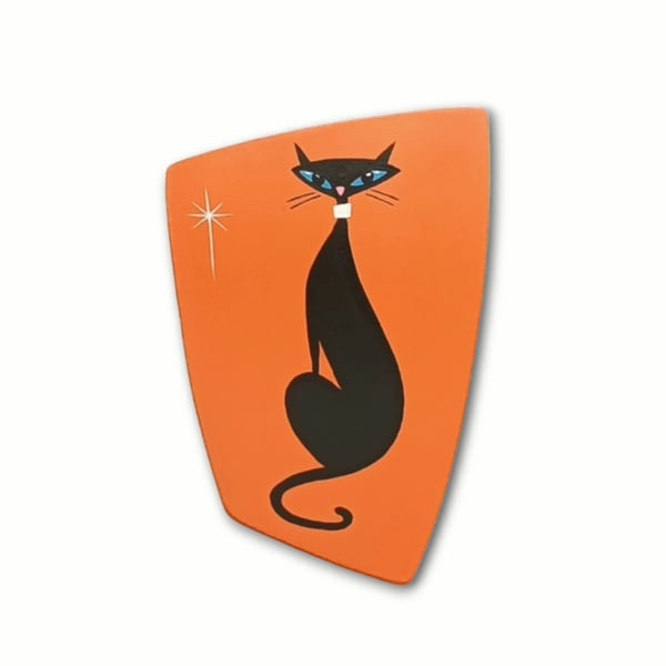 Handmade Orange Cat Wall Plaque, Retro Style Atomic Black Cat Wall Art