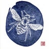 Bee print card, woodcut, woodblock print, printmaking, blue