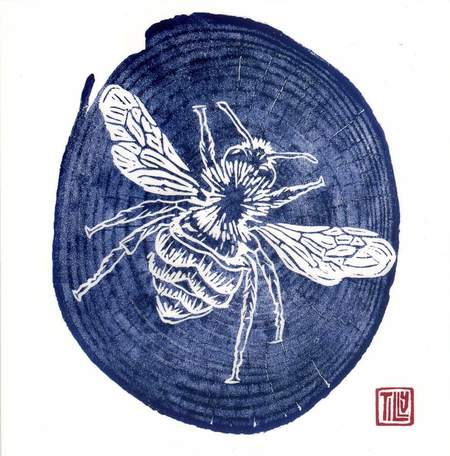 Bee print card, woodcut, woodblock print, printmaking, blue