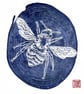 Bee print card, woodcut, woodblock print, printmaking, blue