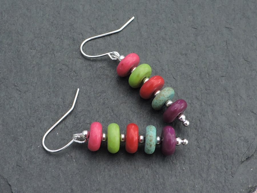 Drop Earrings Donut Beads with Silver Spacer Beads on Silver Plated Wires