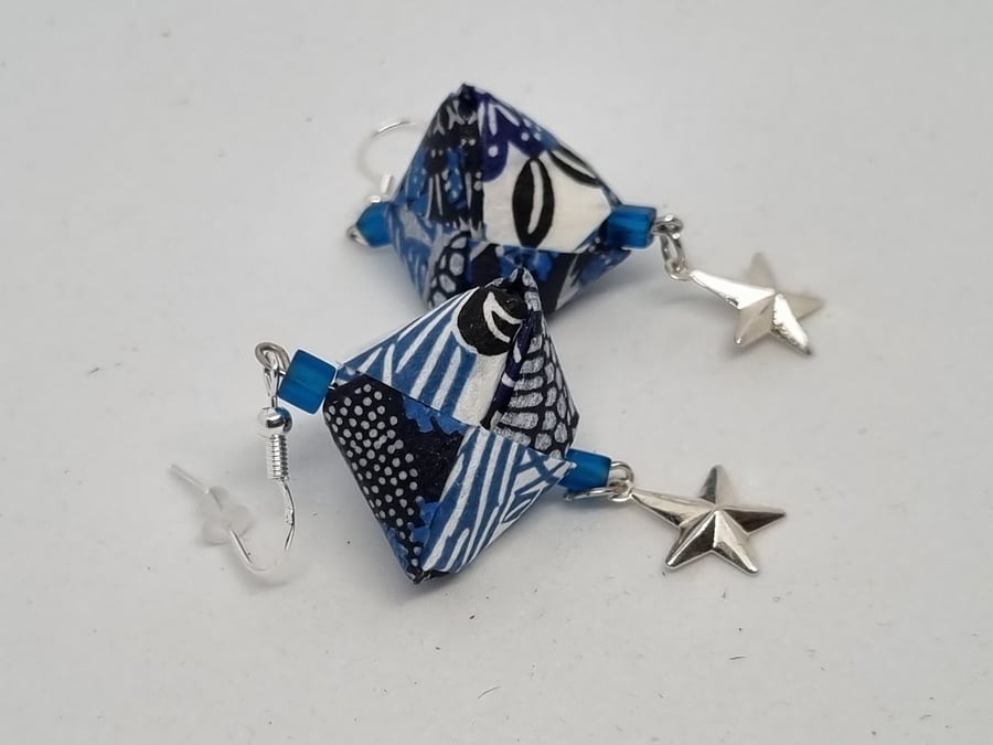Origami earrings: Japanese Aizome Chiyogami paper and silver coloured charms 